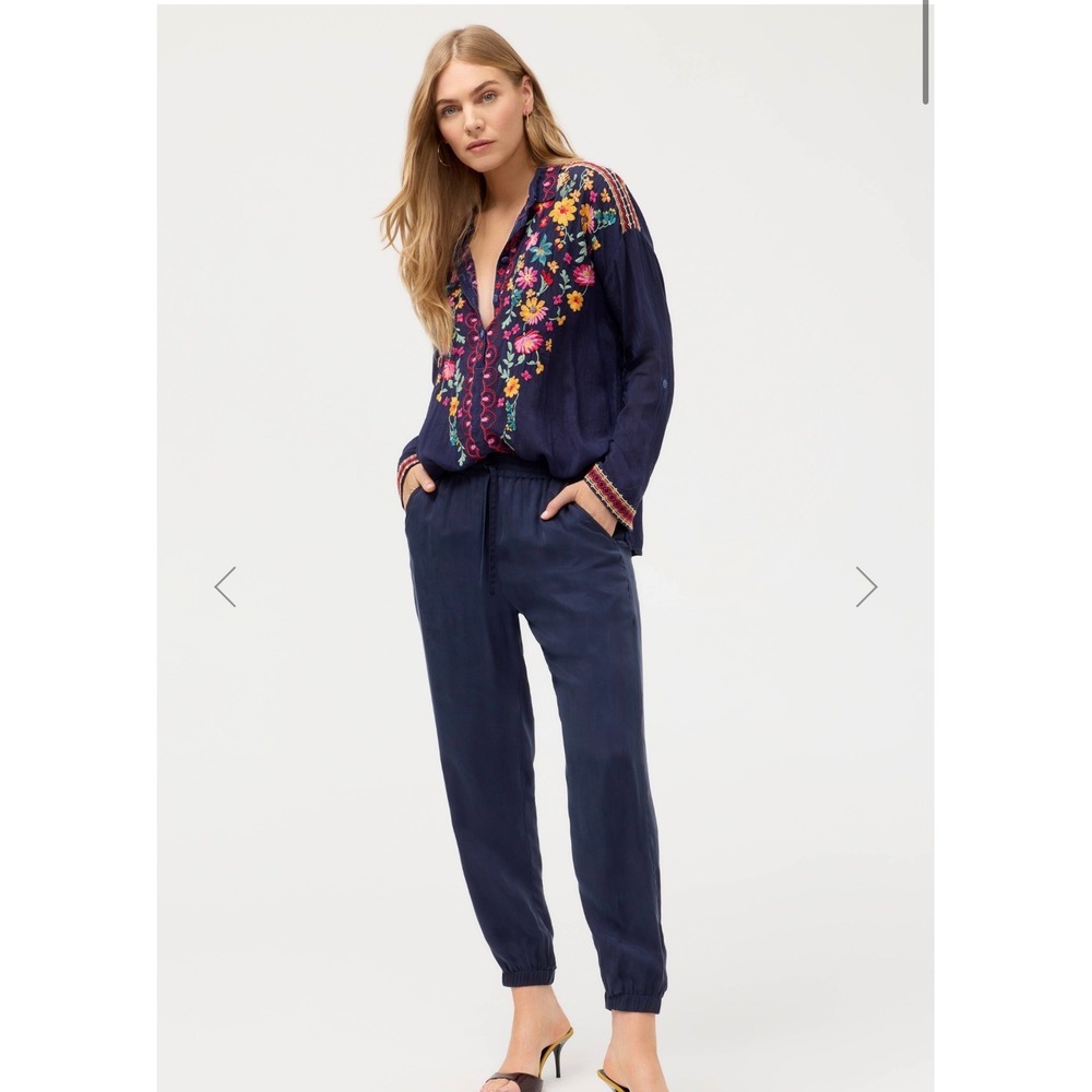 Johnny Was Jogger Pants M Navy Blue Elastic Waist Cupra Rayon R65120-D